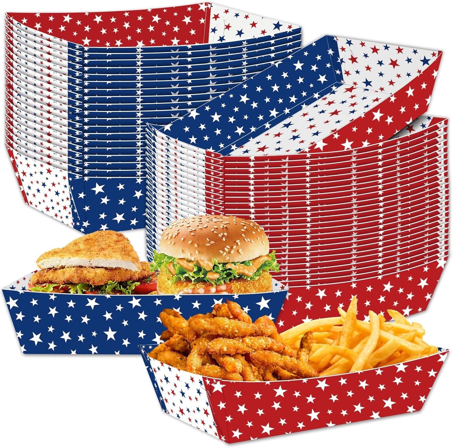 Patriotic Food Trays Disposable Paper Boats Snacks 30 Pack Red White Blue