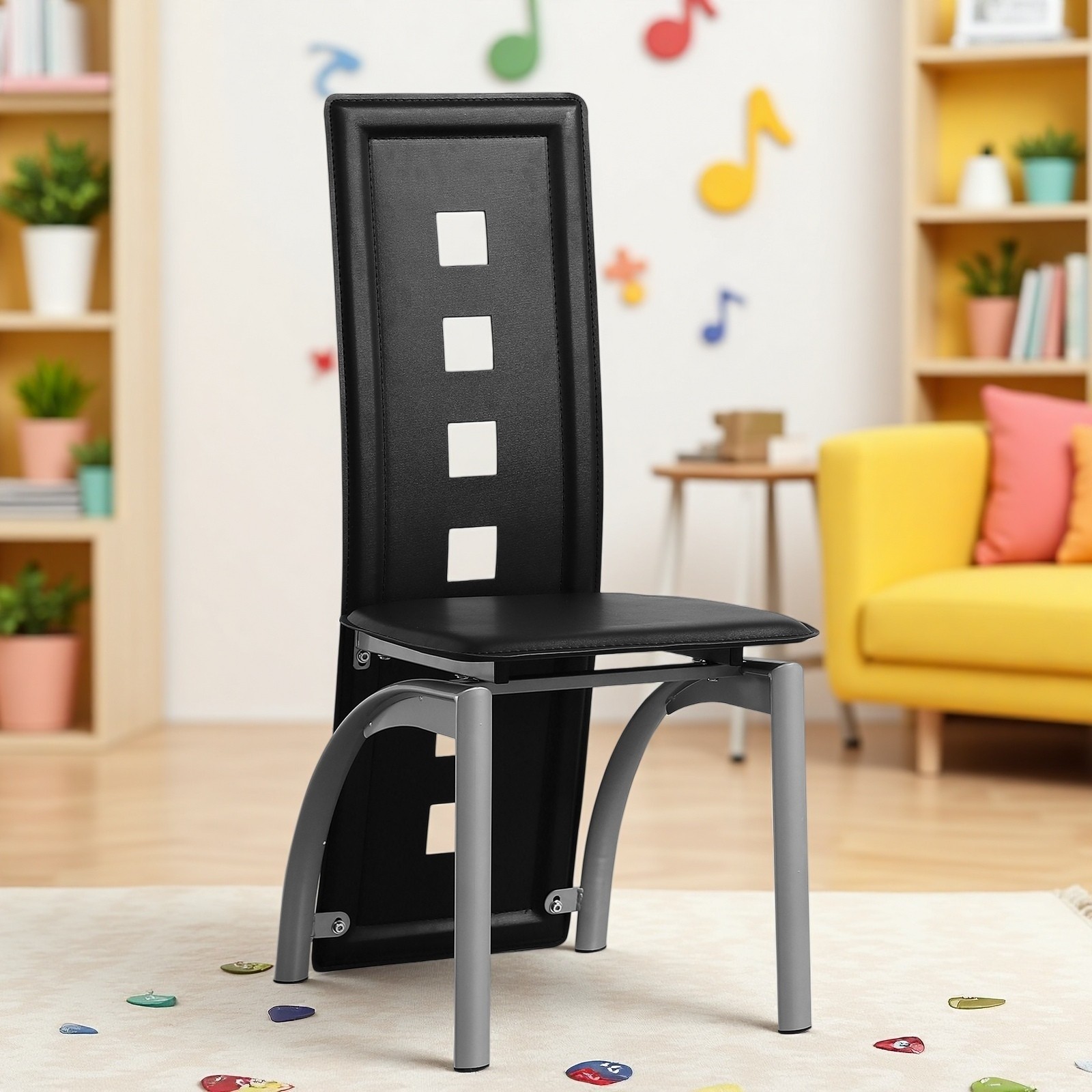 4pcs Dining Chairs – PU Leather, High Back Square Cutout Design & Chrome Legs