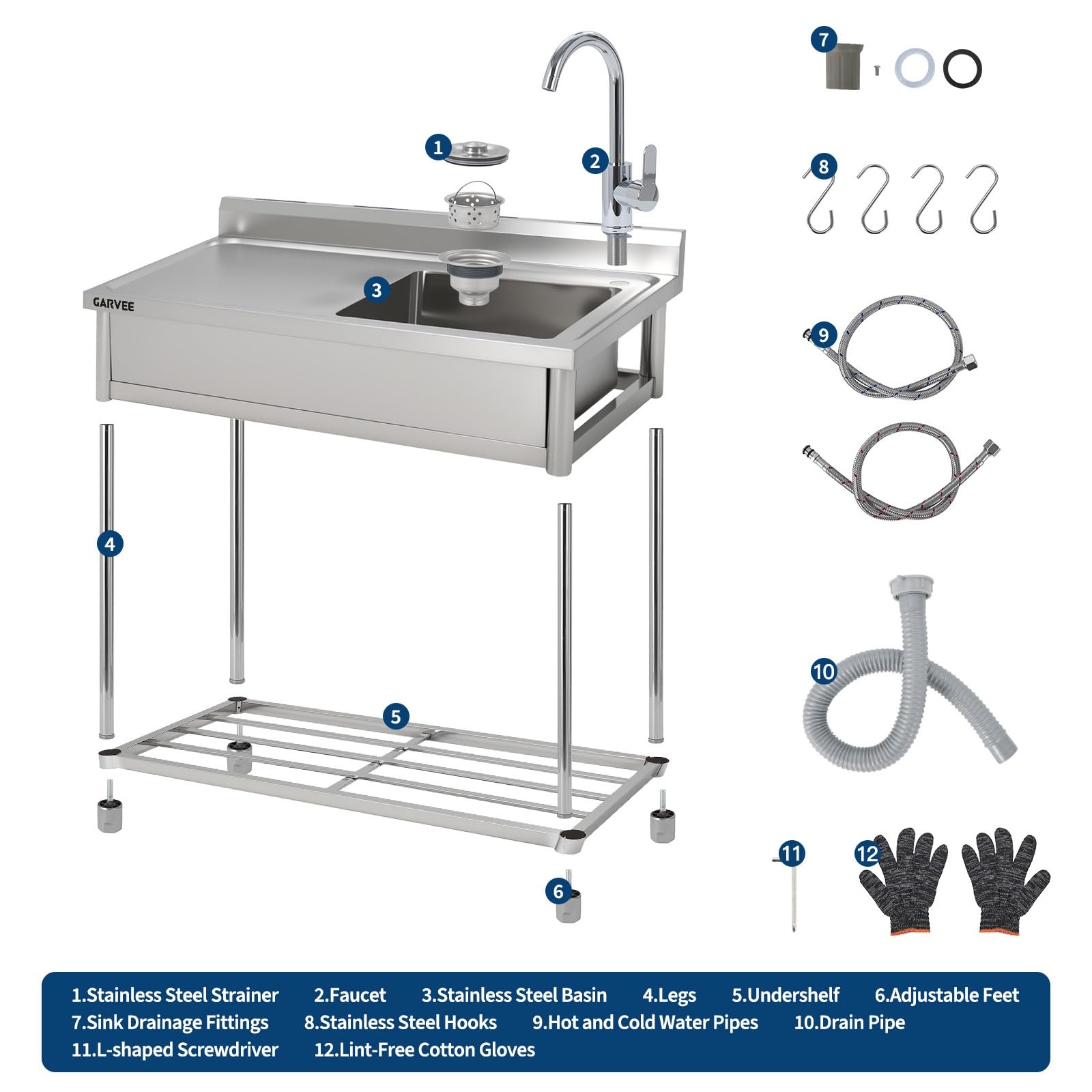 39»x20»x37» Stainless Steel Utility Sink Freestanding Single Bowl with Faucet