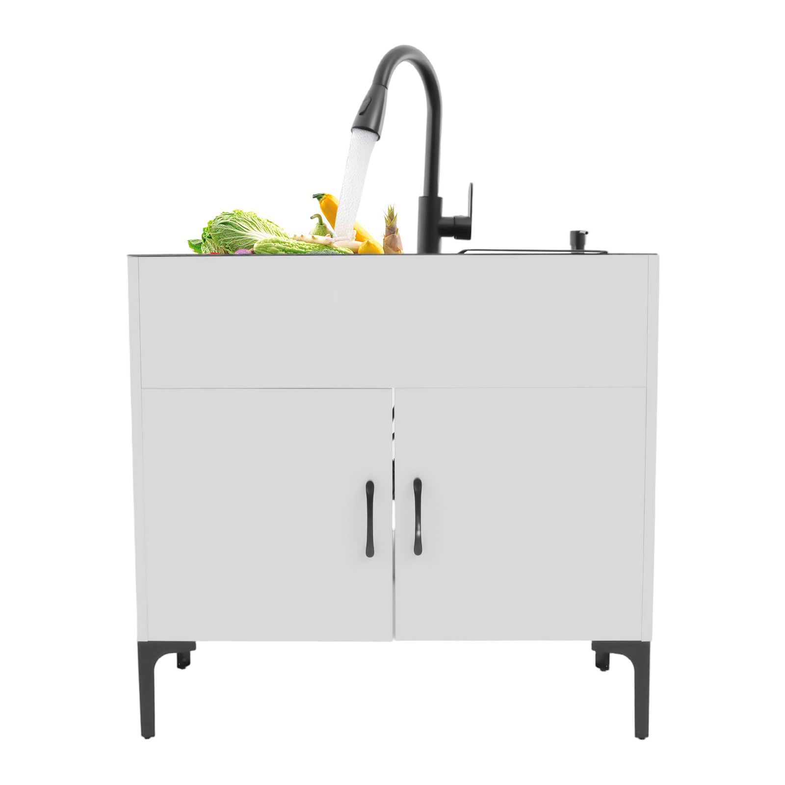 Sink with Pull-Out Faucet and Cabinet Freestanding Kitchen Sink with Cabinet