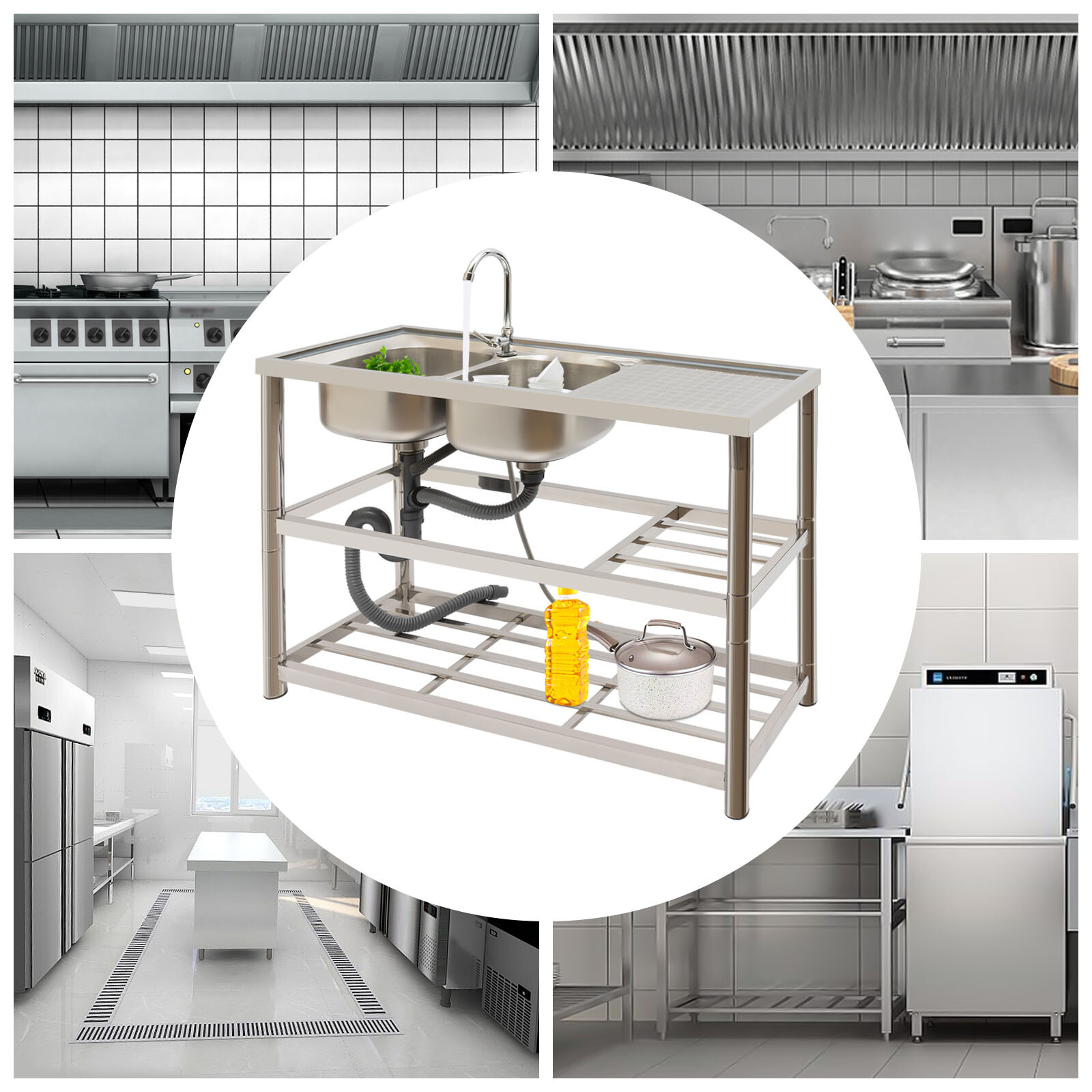 Stainless Steel Commercial Sink Utility Sink 2 Compartment Kitchen w/Prep Table