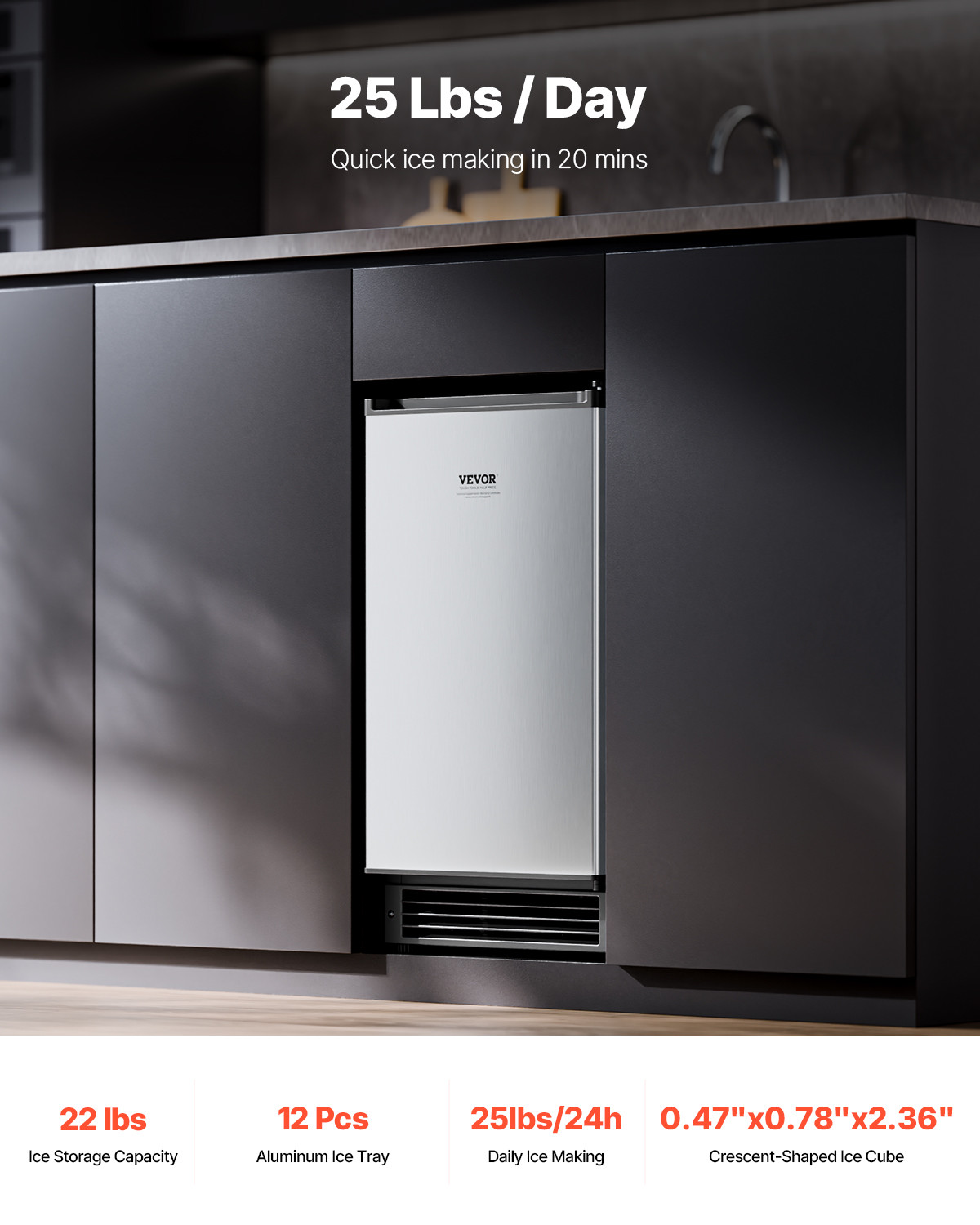 VEVOR Undercounter Ice Maker 25 Lbs/Day Built-in Ice Maker Machine