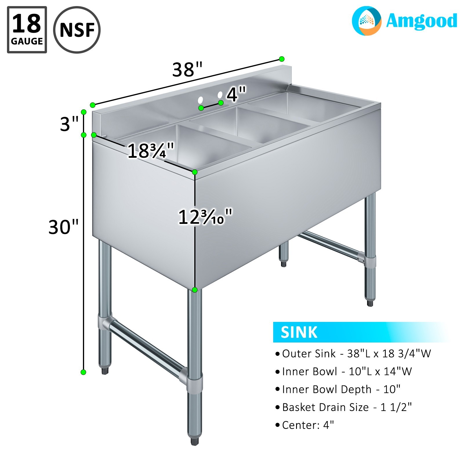 AmGood 38 in. x 19 in. Three Compartment Under Bar Sink. NSF