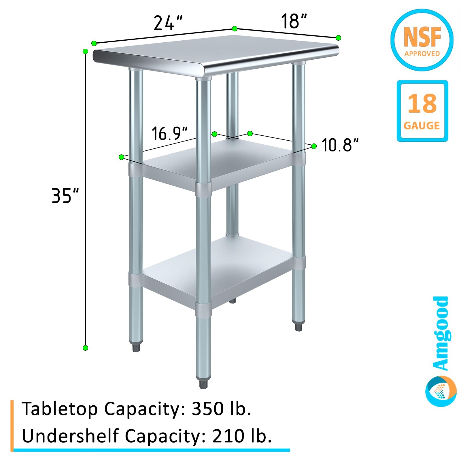 18 in. x 18 in. Stainless Steel Work Table with 2 Shelves | Metal Utility Table