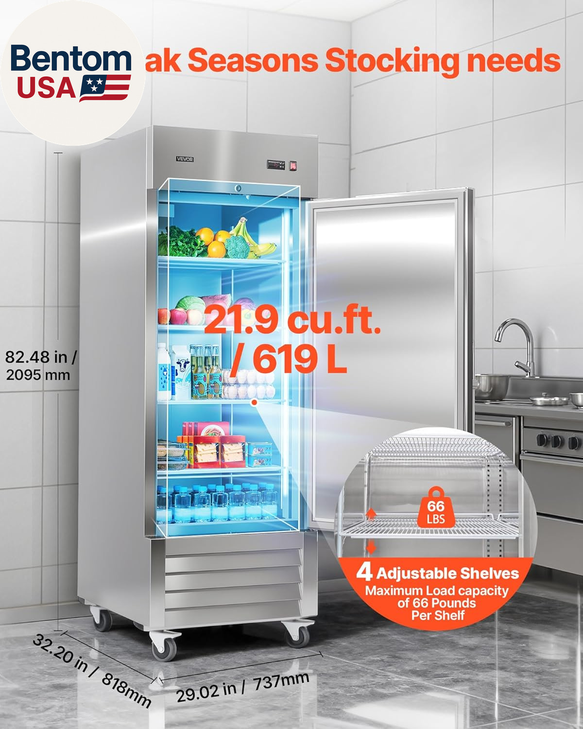 Commercial Reach-In Refrigerator 29″ W, 22 Cu.Ft Stainless Steel Upright Refrige