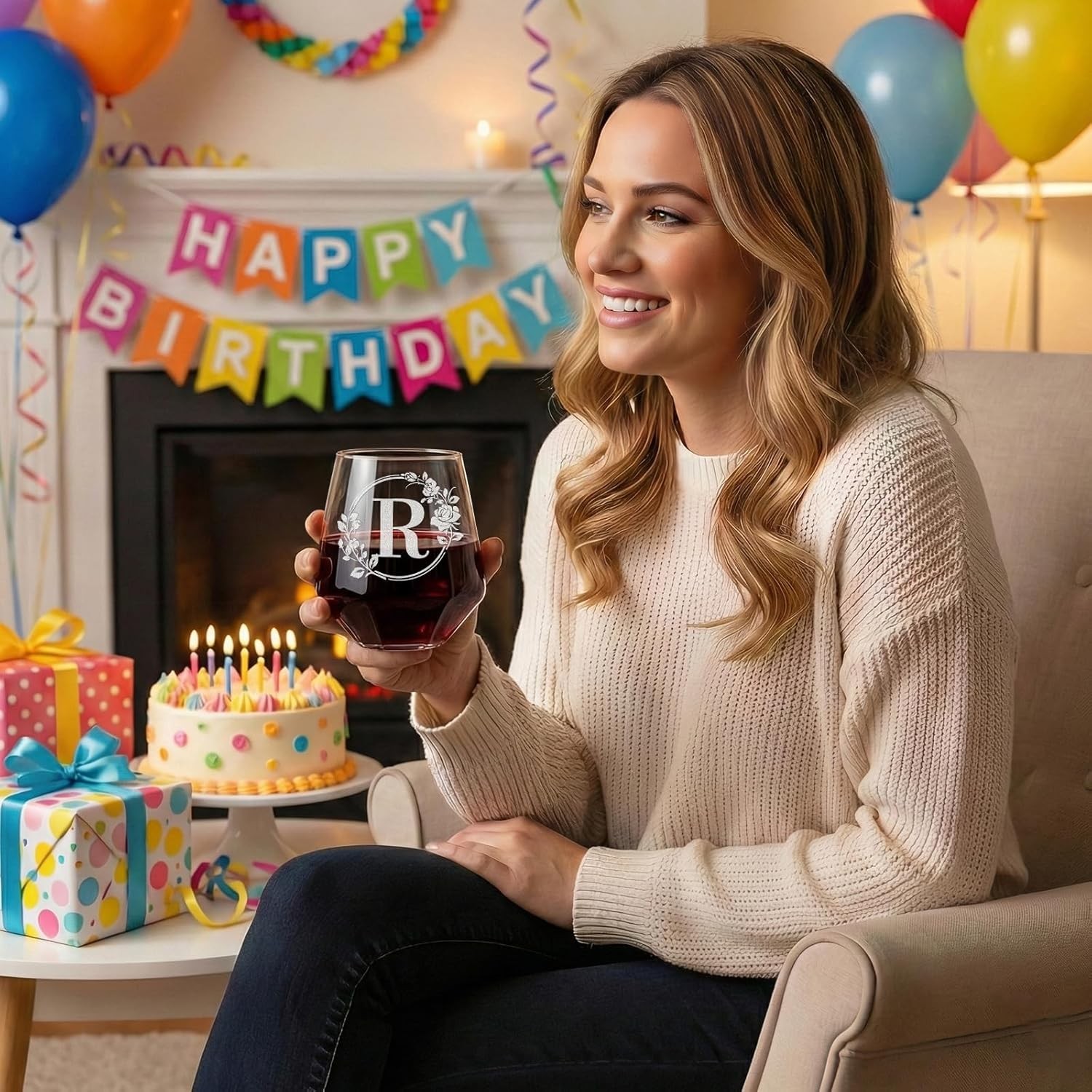 Personalized Stemless Wine Glass – Custom Engraved Monogrammed Initial