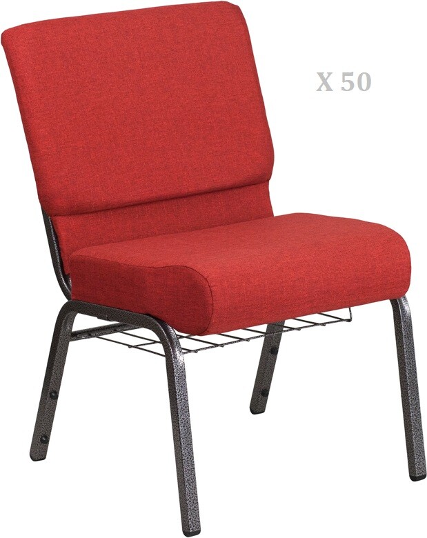 50x Crimson Red 21» Wide Church Chairs Silver Frame Book Rack 4” Seat Cushion