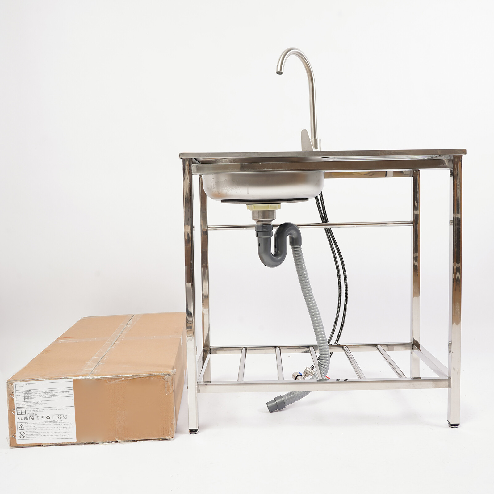 Stainless Steel Utility Sink, Free Standing with Faucet & Drainpipe for Homes