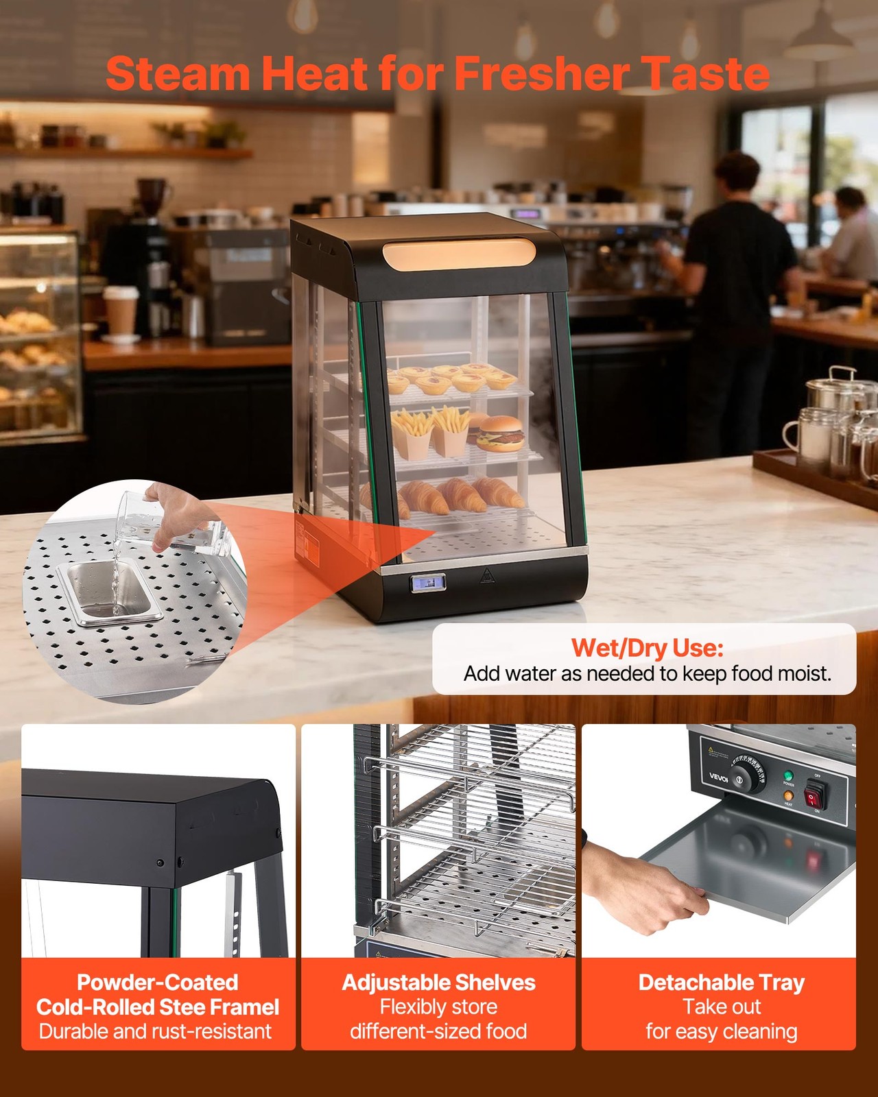 VEVOR 3-Tier Commercial Food Warmer Display Pizza Cabinet 60 Qt /57L LED Light