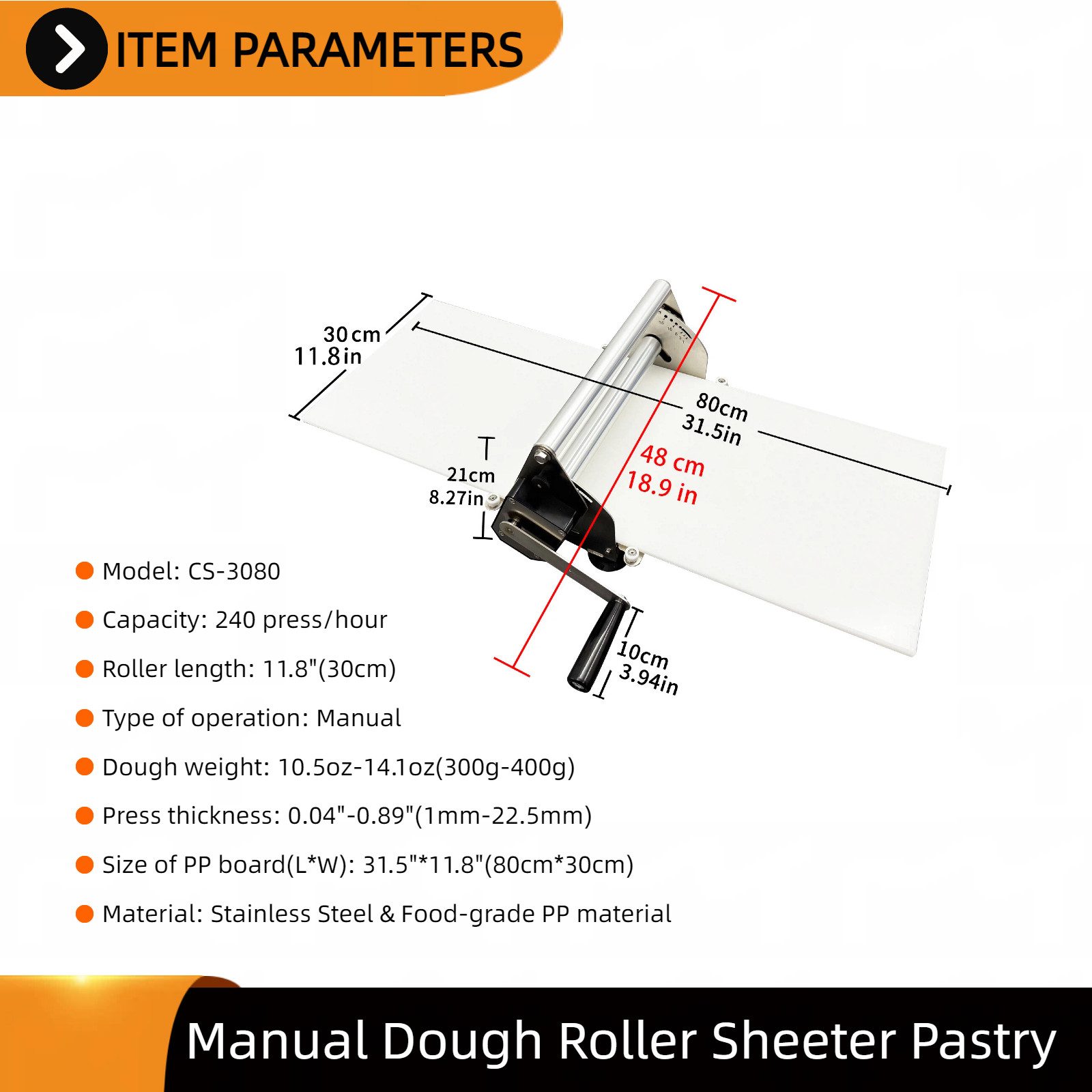 Stainless Steel Dough Roller Manual Sheeter Adjustable Thickness Max 0.89»