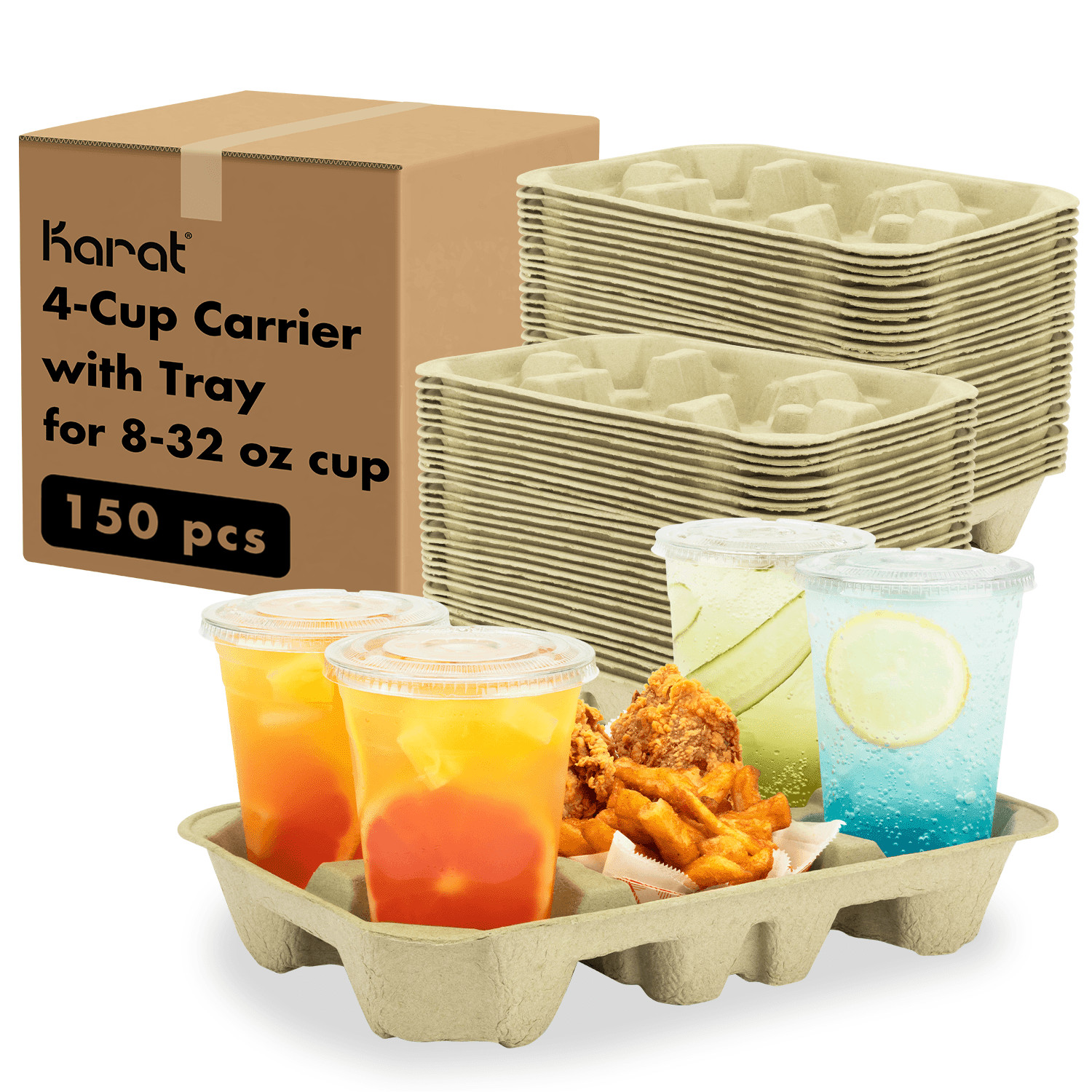 Karat Kraft Drink Carrier with tray, for 4 Cups (8-32 oz), Paperboard – 150 pcs