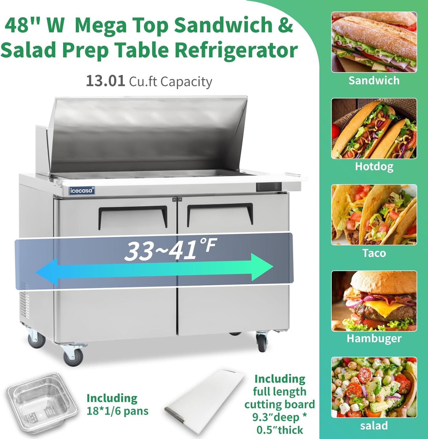 48″ Mega Top Sandwich Prep Table, ICECASA 2 Door Food Bain Marie Cooler, 18 Pans