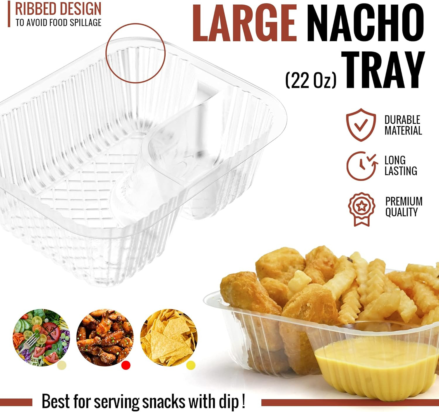 100 Pcs Nacho Trays – Large 6″X8″ Disposable 22 Oz – 2 Compartments Clear Plasti