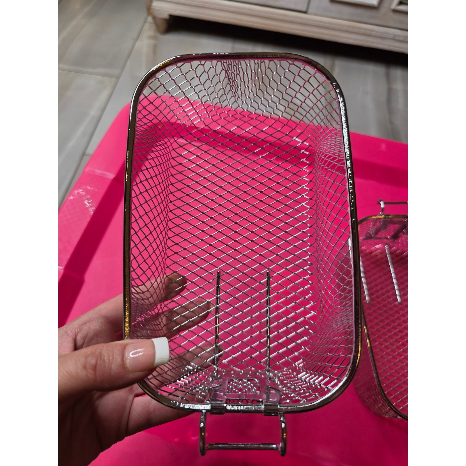 Set of 2 Silver Wire Mesh Deep Fryer Baskets with Hooks 8×4.5×4 Rectangular