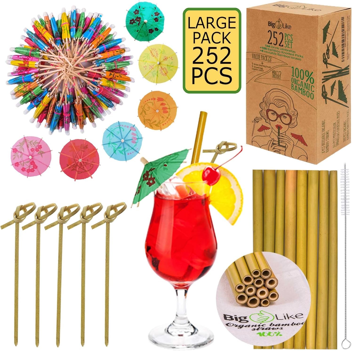 252 Pcs Cocktail Accessories for Drinks -144 Drink Umbrellas, 100 Bamboo Knot