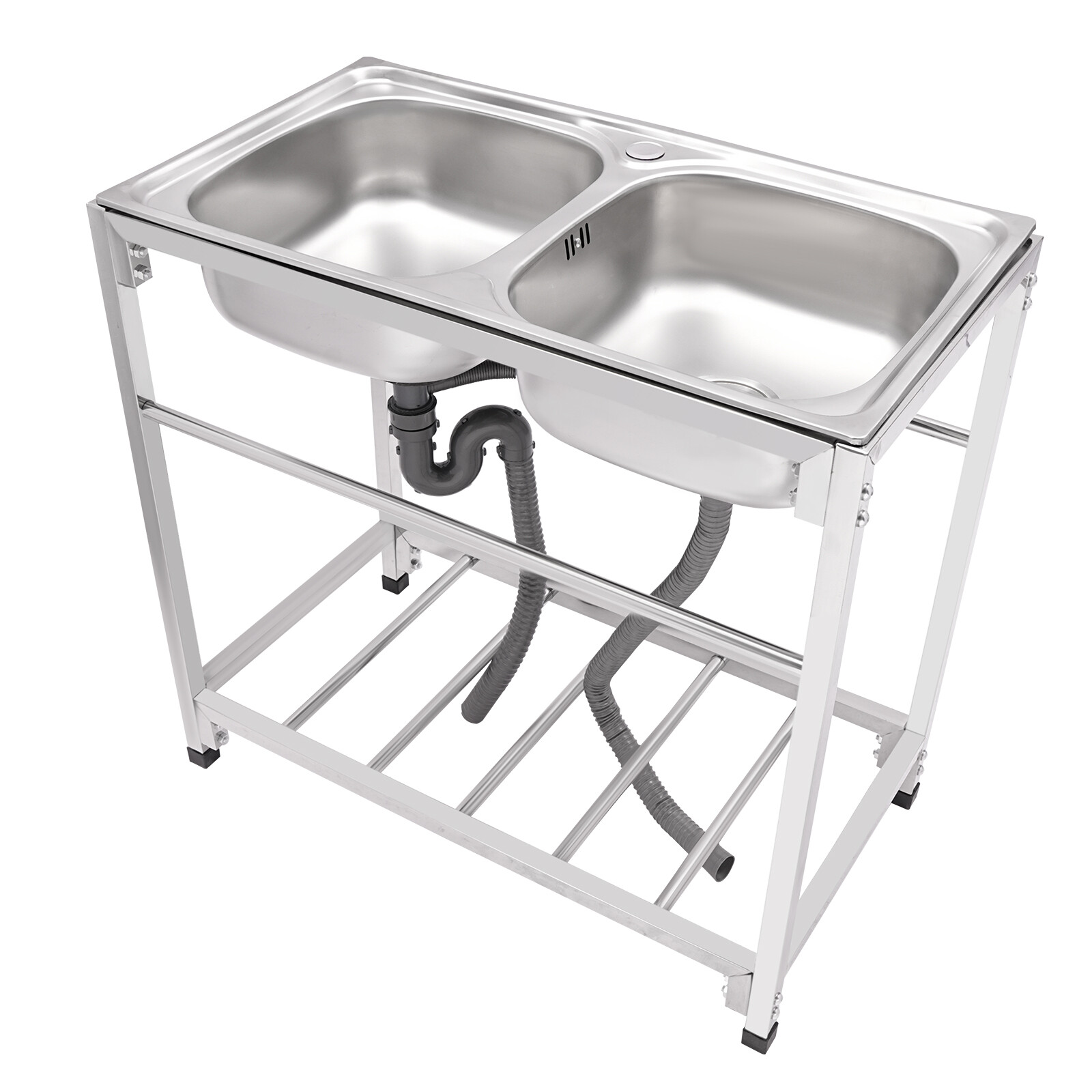 Commercial Stainless Steel Kitchen Sink Free-standing Utility Double-Bowls Sink