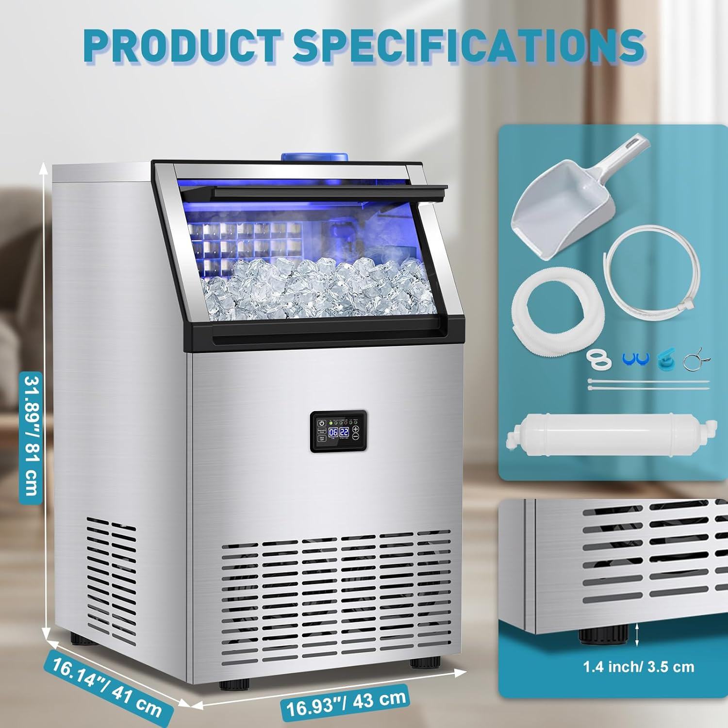 Freestanding Stainless Steel Ice Maker – 175Lbs/24H, Fast & Easy to Clean