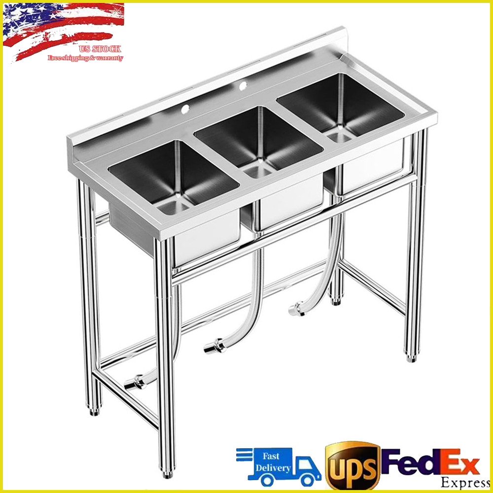 3 Compartment Stainless Steel Sink w/ Hot & Cold Hoses for Restaurant & Kitchen