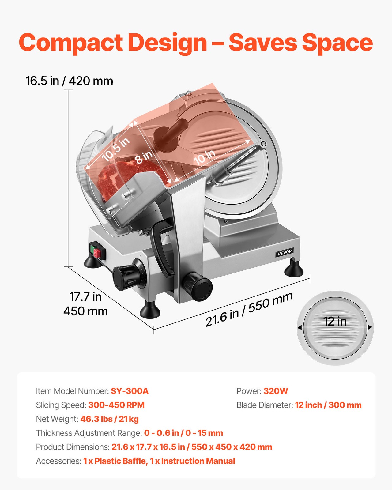 VEVOR Commercial Electric Meat Slicer Deli Food Cutter 12″ Blade 320W 350-400RPM