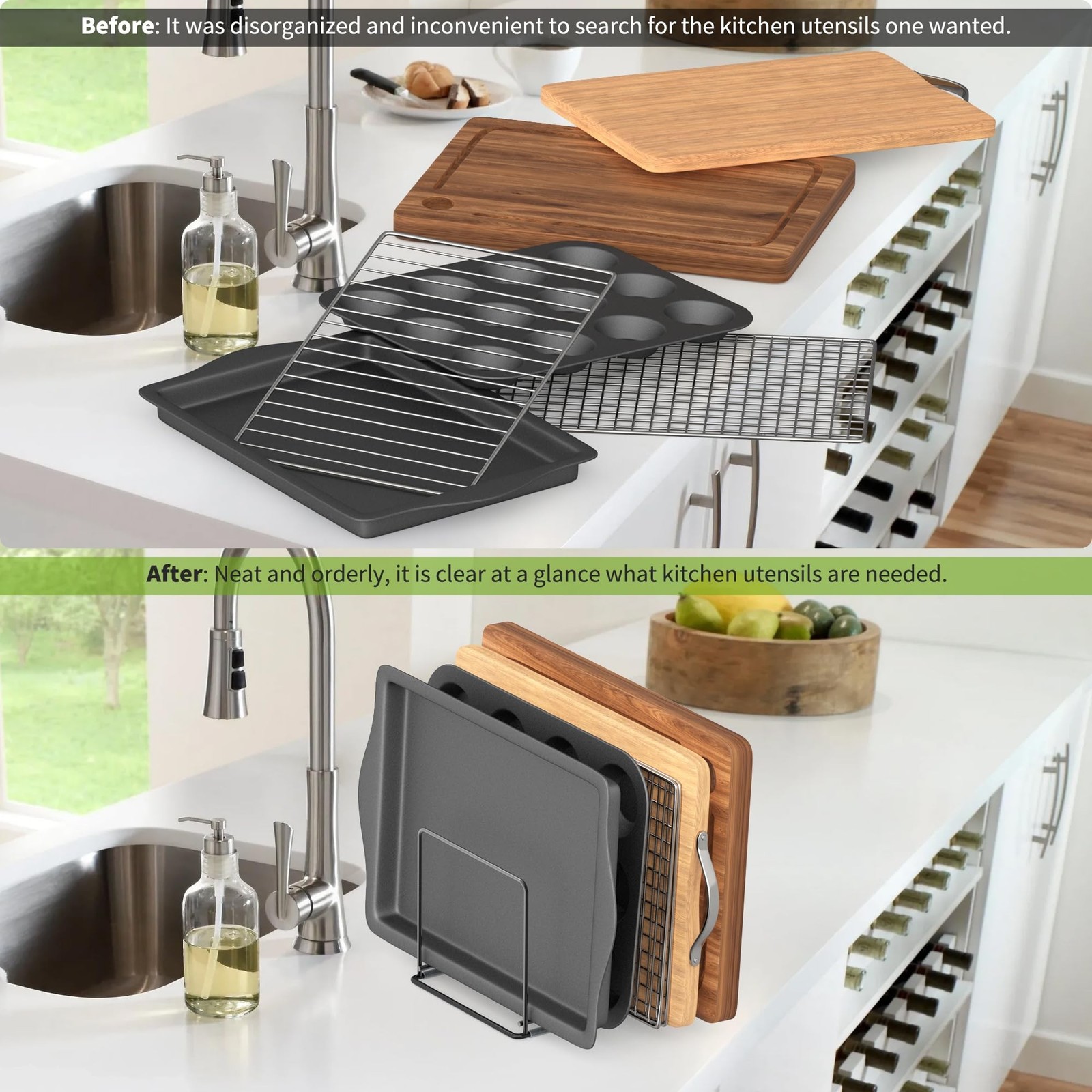 LAEMYFYRE Kitchen Organizer Rack – 4-Slot Heavy-Duty Holder for Cutting Board…