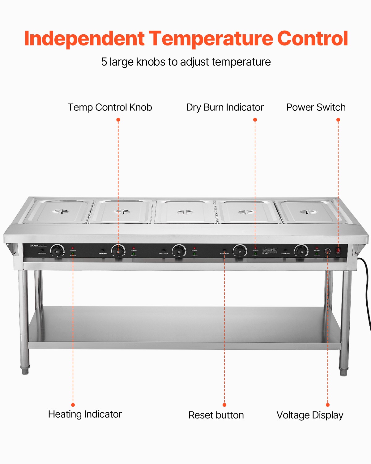 VEVOR 5-Pan Commercial Food Warmer Steam Table with Independent Temperature