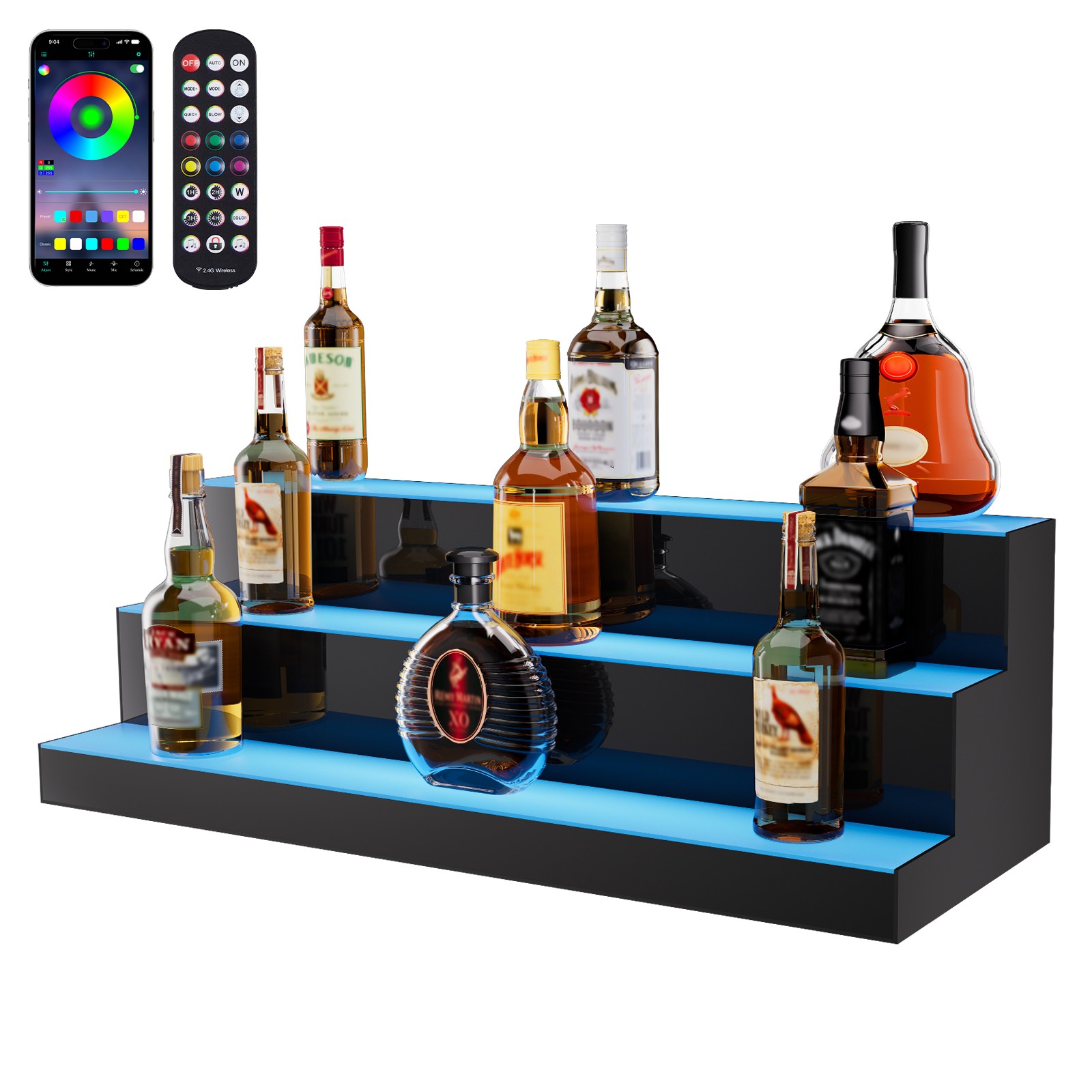 Uimoso 30″ 3-Step LED Lighted Liquor Bottle Display Bar Shelf RF & App Control