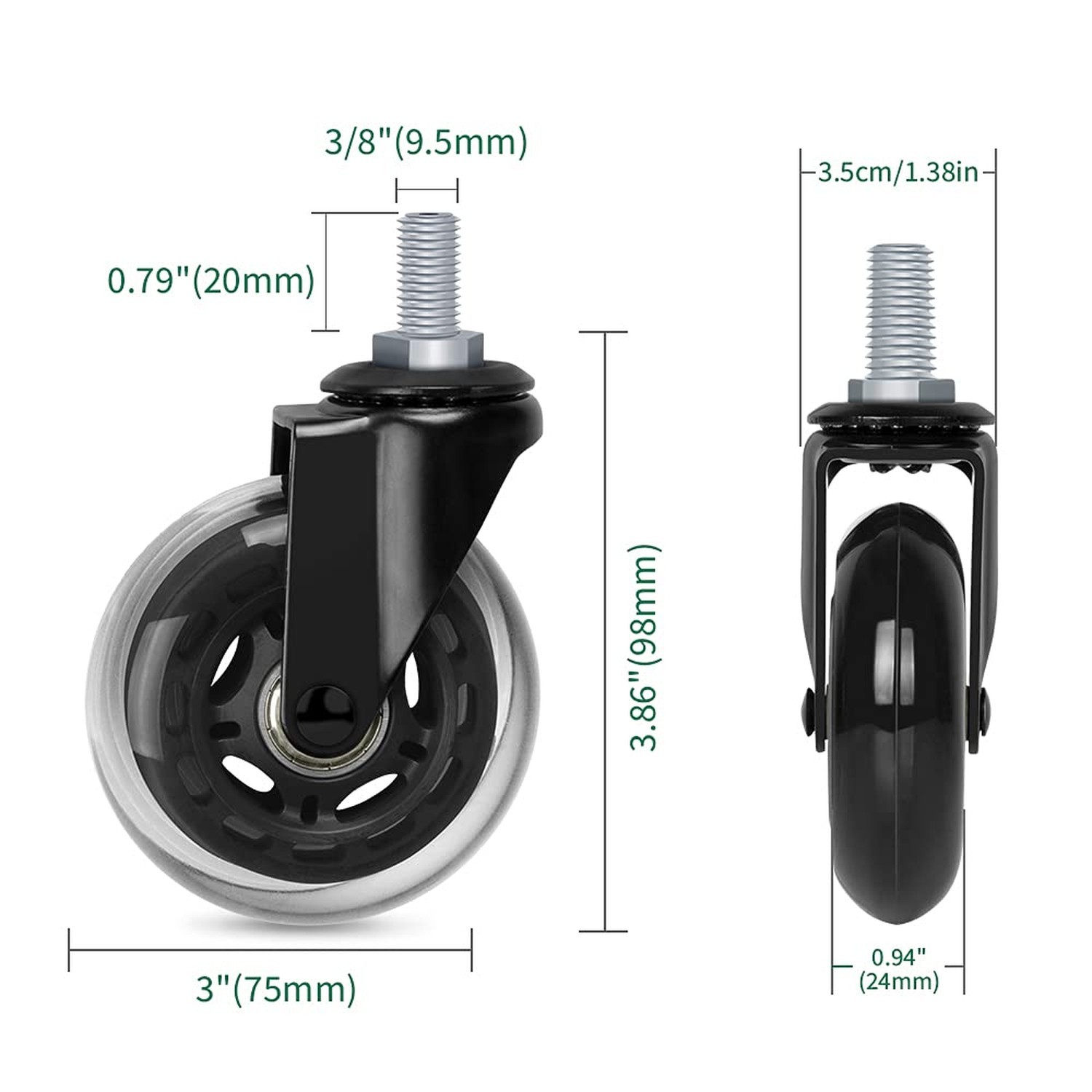 3″ Thread Screw in Office Chair Caster Wheels, 3/8″-16×1(Not Metric M10), Saf…