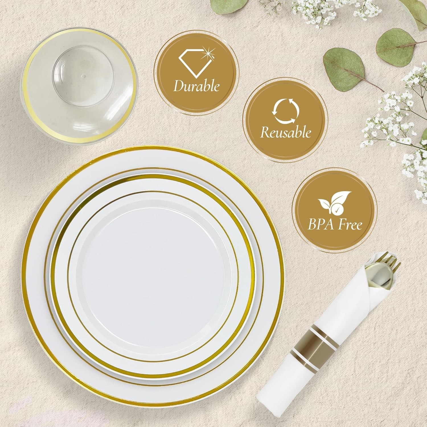 Plastic Plates for Party | 210 Pieces | White w/Gold Rim | Plates and Napkins