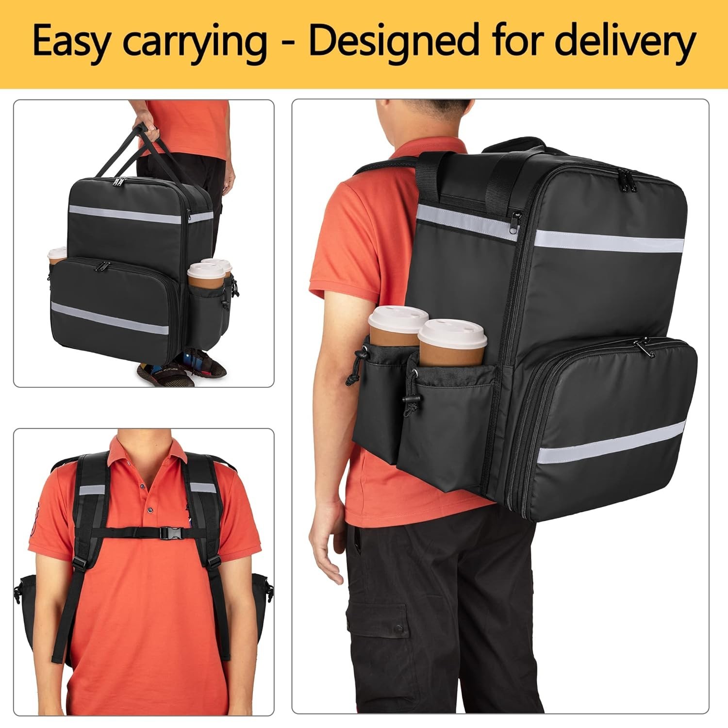 Expandable Food Delivery Backpack with 4 Cups Holder, 14” Pizza Delivery Bag