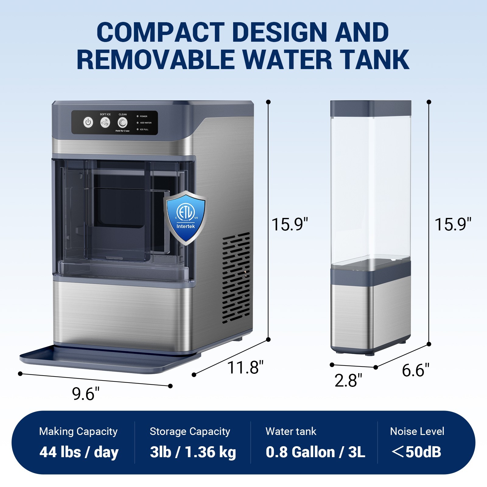 44Lbs/24H Nugget Ice Maker with 0.8 Gal Tank Self-Cleaning Countertop Ice Maker