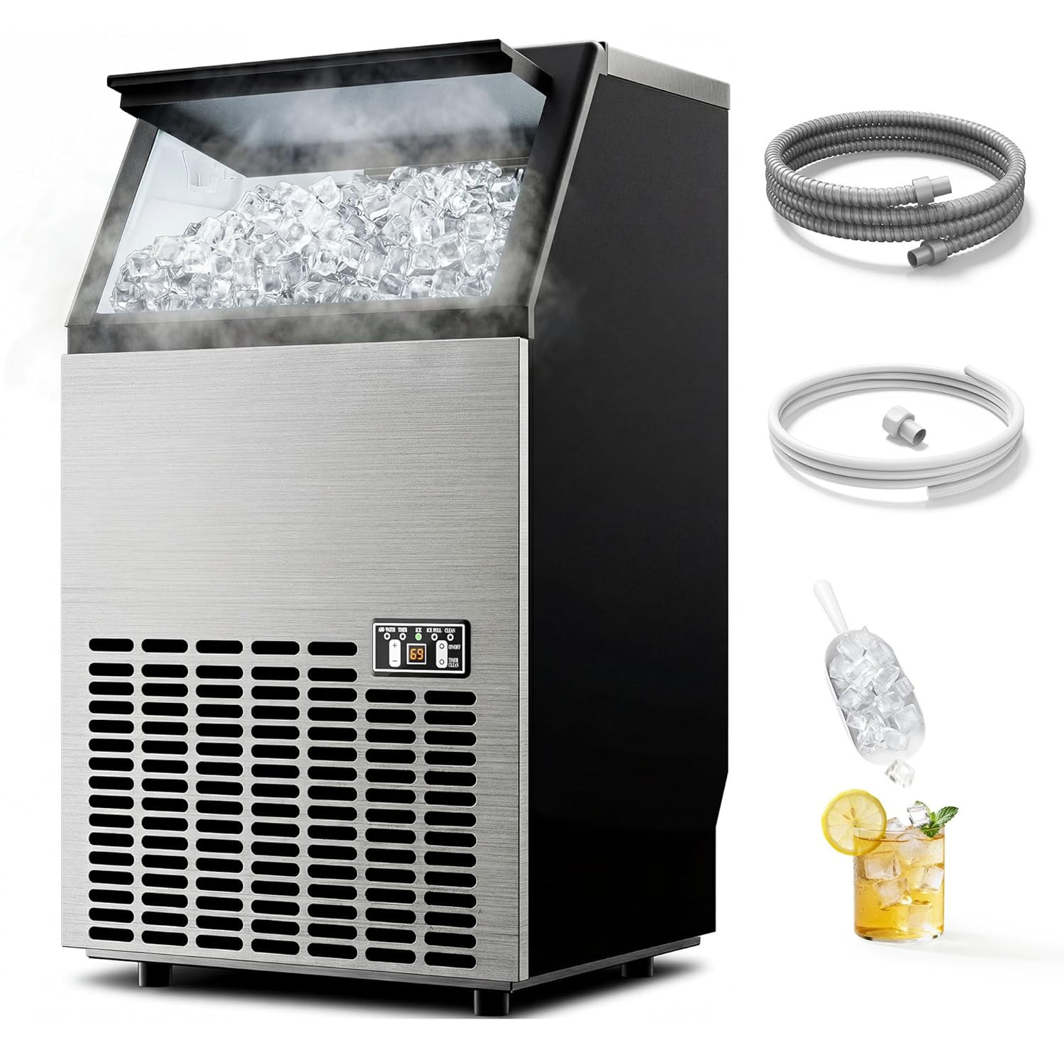 Stainless Steel Ice Maker – 110Lbs Daily, 33Lbs Storage for Home & Bar