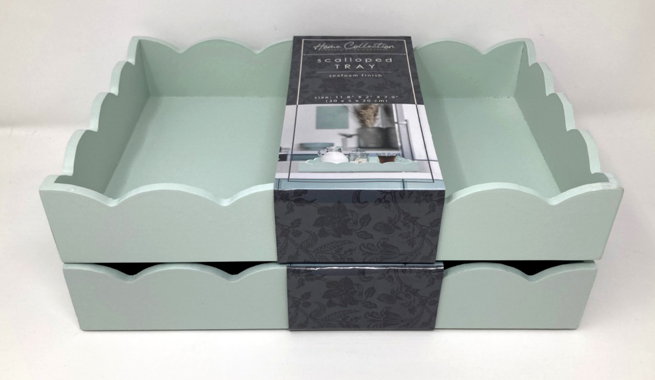 Wood Scalloped Tray Dresser Tabletop Drawer Organization Seafoam Green Set of 2