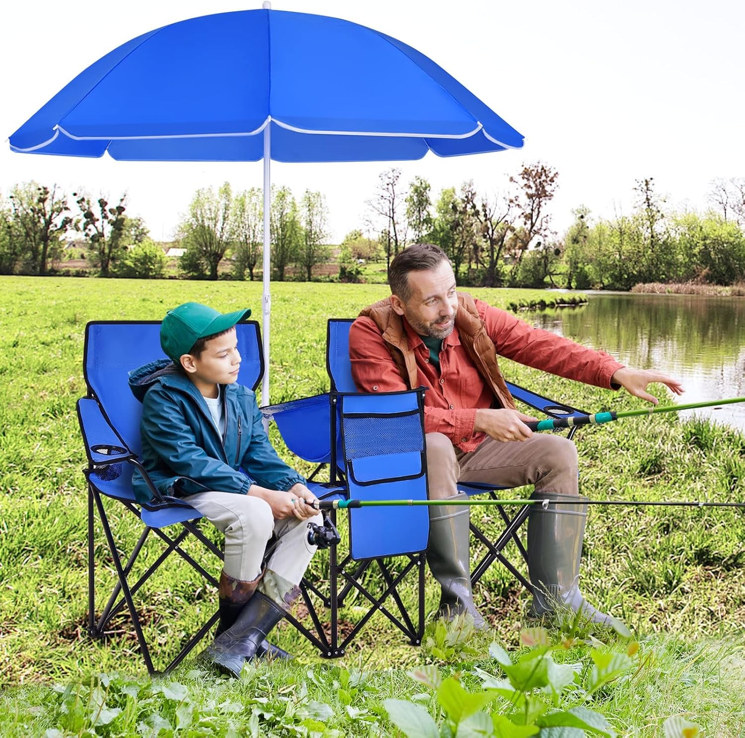 Folding Camping Outdoor Picnic Double Chair with Umbrella Table Cooler Beach New