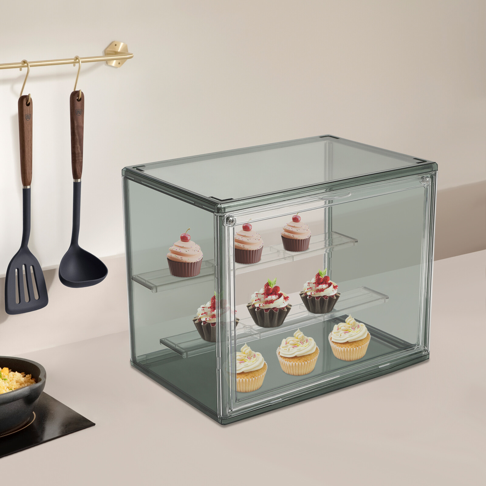 Display Case Bread Box for Kitchen Countertop, 2 Tier PET Display Shelf