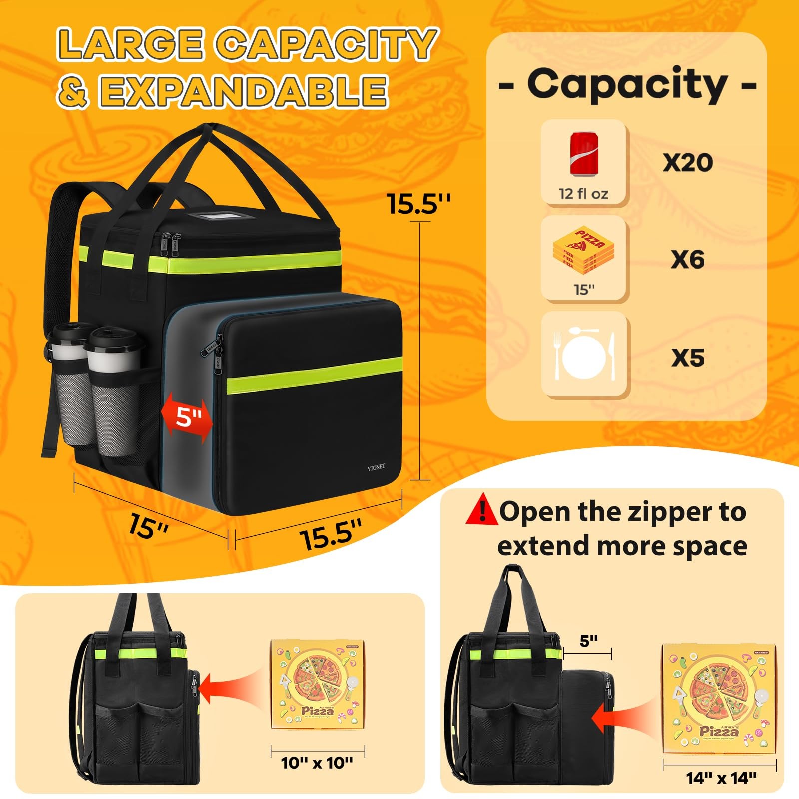 Food Delivery Backpack, Expandable Insulated Food Delivery Backpack with 7 Cup
