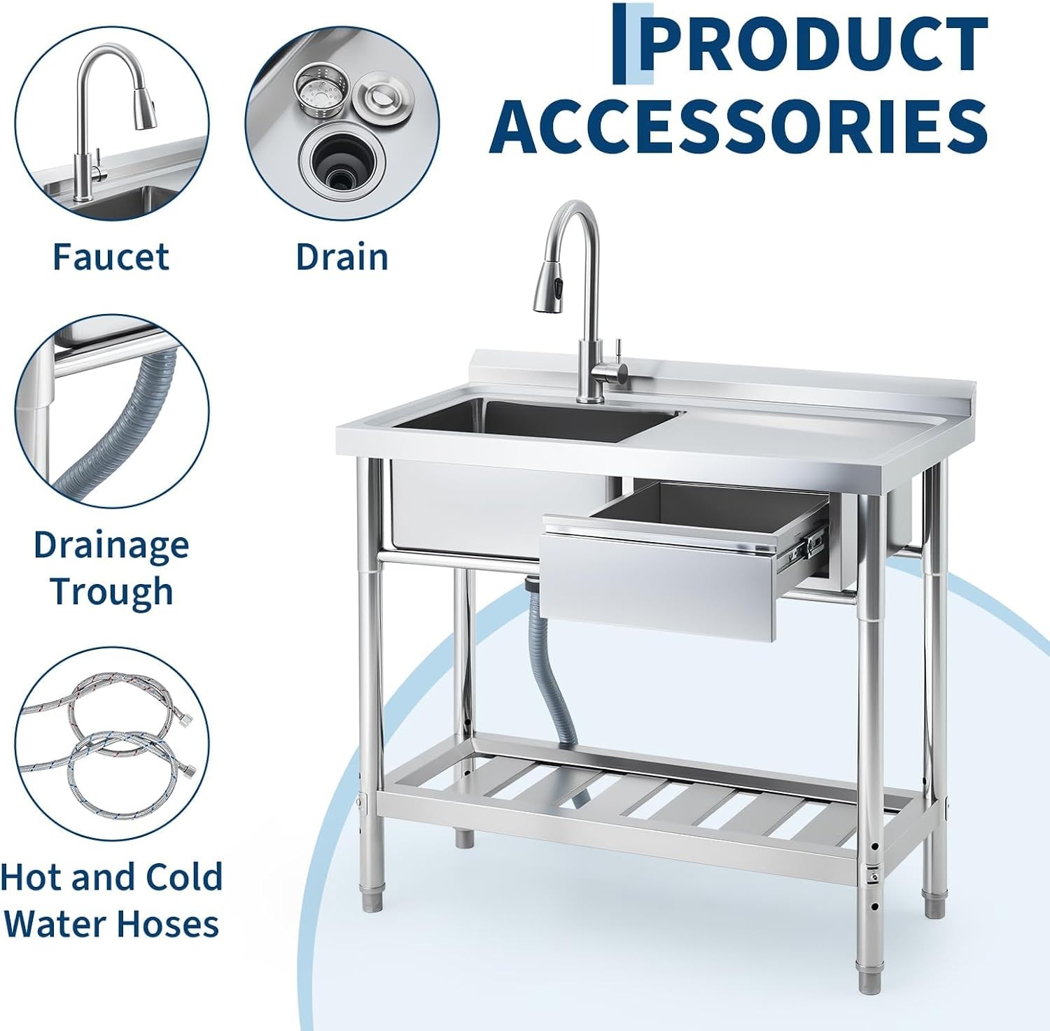 39×19.7×37.4 Inch Stainless Steel Commercial Utility Sink Single Bowl w/ Drawer