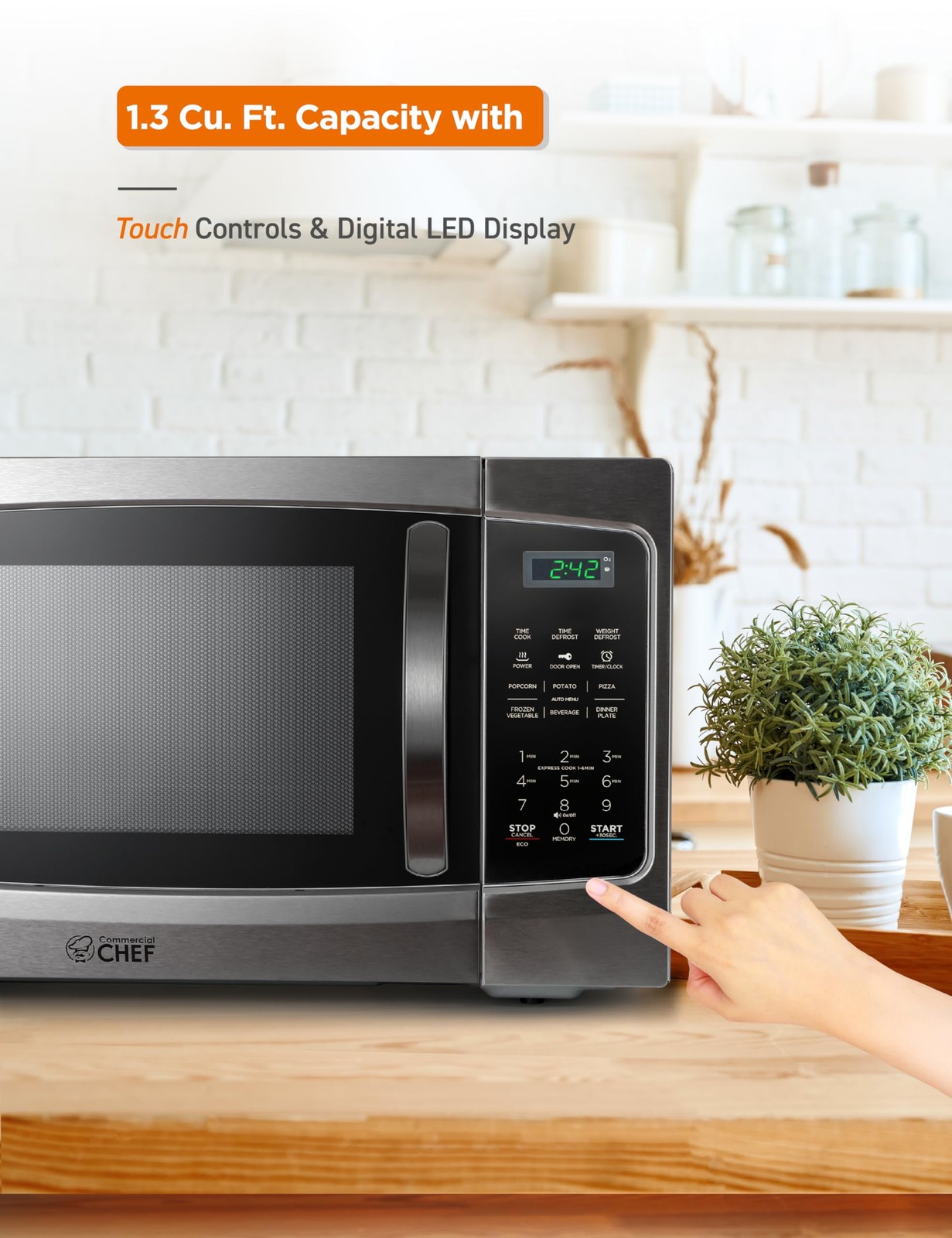 COMMERCIAL CHEF Microwave 1.3 Cu Ft with 10 Cubic Feet, Stainless Steel