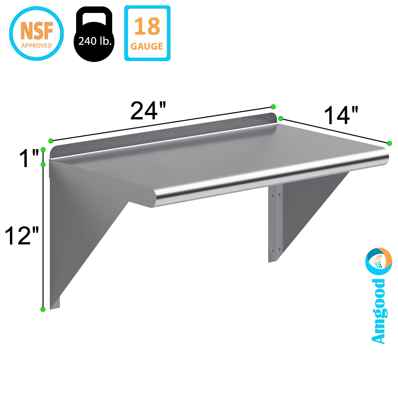 14″ x 24″ Metal Shelf | NSF Stainless Steel Wall Mount Floating Shelving