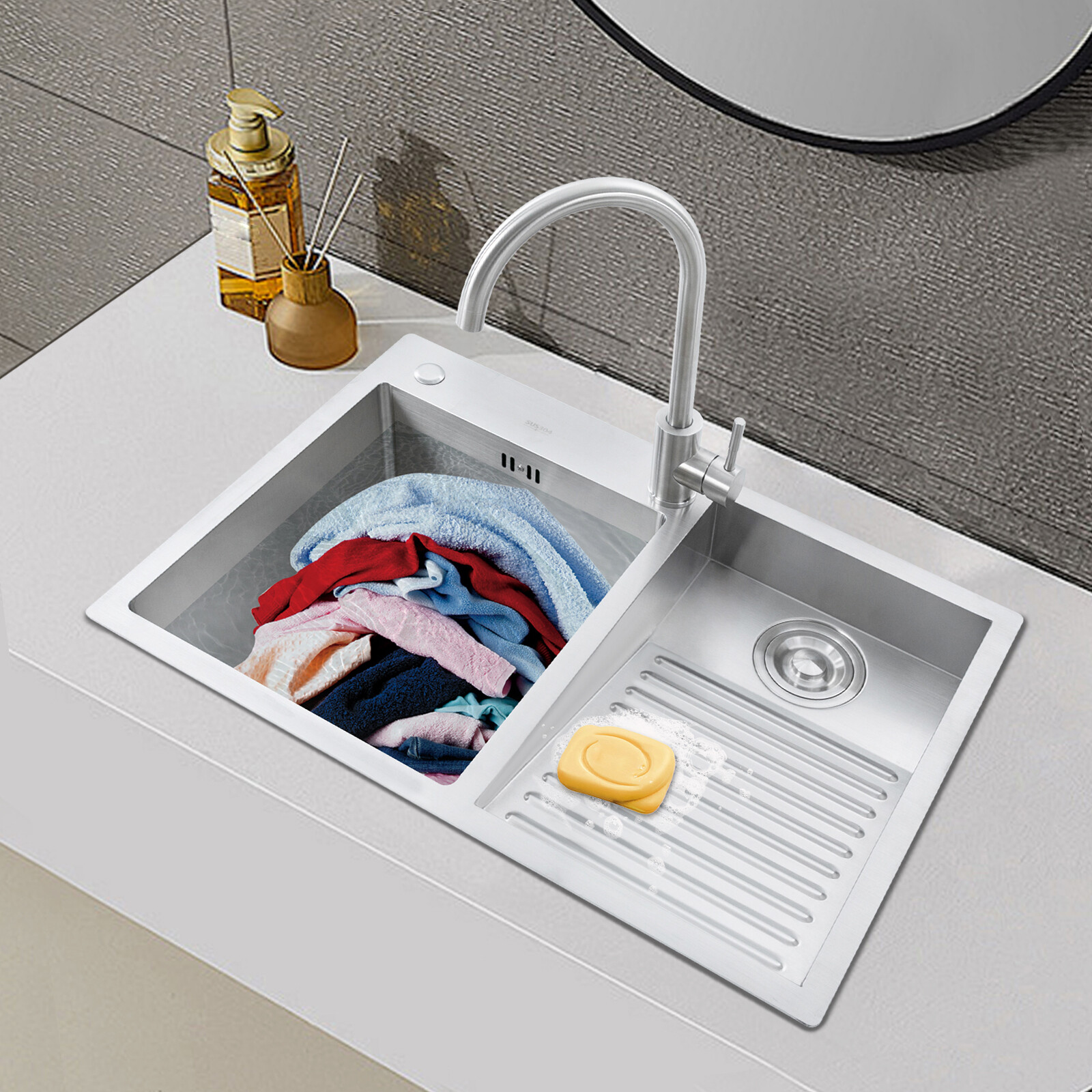 Stainless Steel Drop-in Laundry Sink Workstation Sink w/ Faucet 27.56*18.9*8.66″