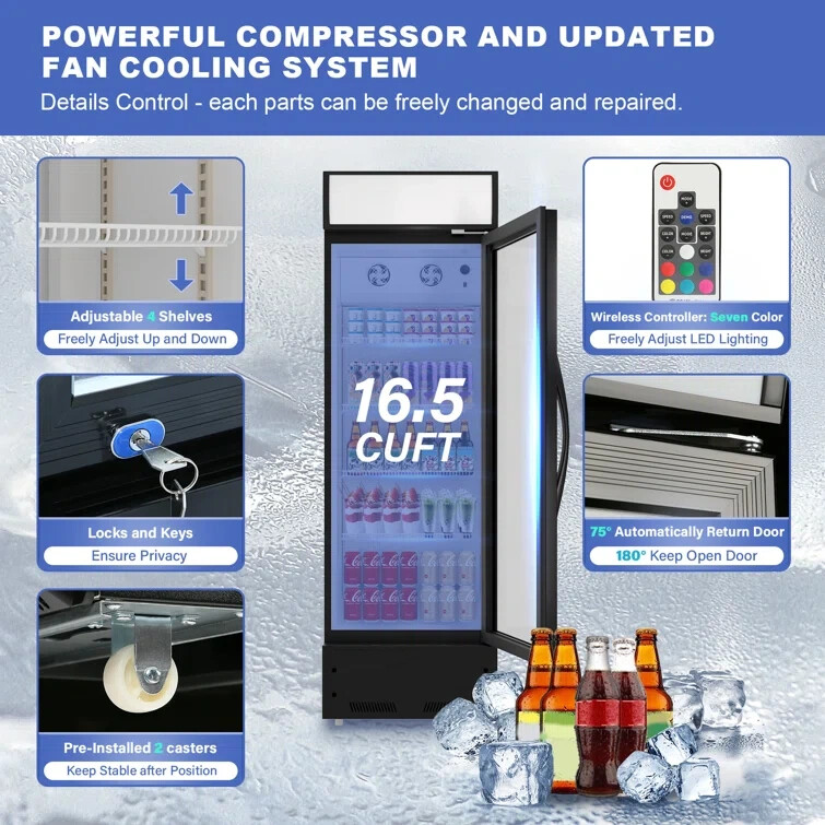 Commercial Glass Door Merchandiser Upright Refrigerator Display Cooler 16.5Cu.Ft