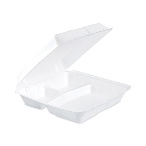 Dart Foam Lid 3-Comp Containers, 9.3×9.5×3, 100/Slv, 2 Slvs/CT, CA/WA Restricted