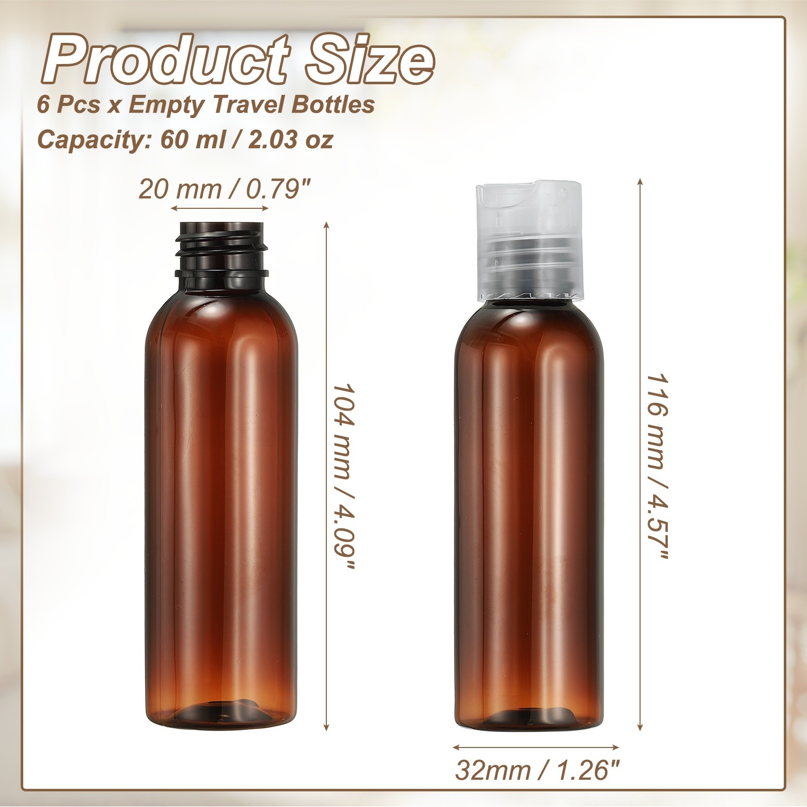 6Pcs 2oz Plastic Travel Bottles, Empty Bottles with Clear Top Caps, Brown