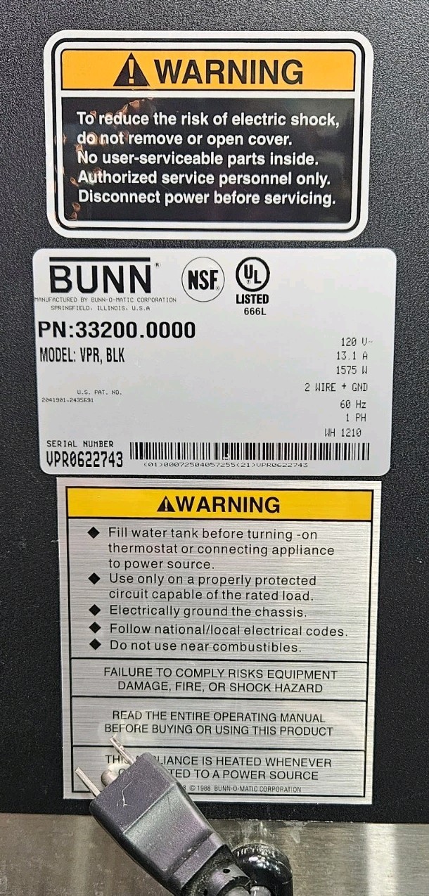 Bunn VPR,BLK 33200 Commercial Coffee Brewer with Upper & Lower Warmers