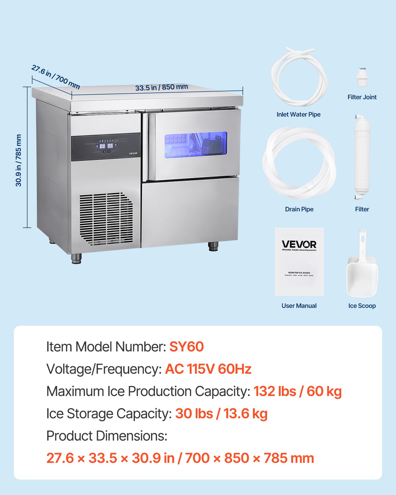 VEVOR Commercial Ice Maker Freestanding Worktop Ice Machine 132 lbs/24H 70 Cubes