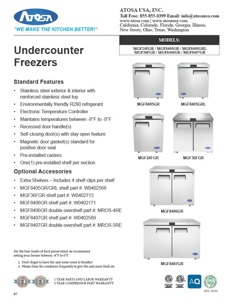 Atosa MGF8405GR, 1-Door UNDER COUNTER FREEZER WITH 5 YEARS PARTS & LABOR!!!