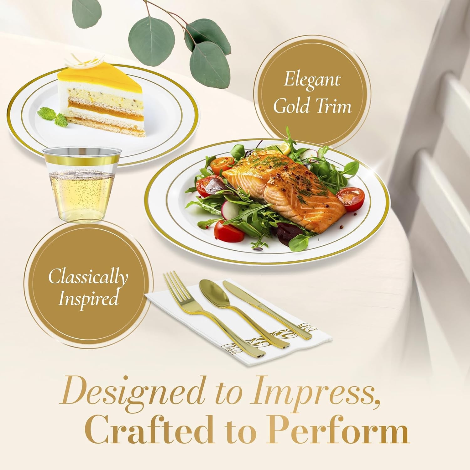 Plastic Plates for Party | 210 Pieces | White w/Gold Rim | Plates and Napkins