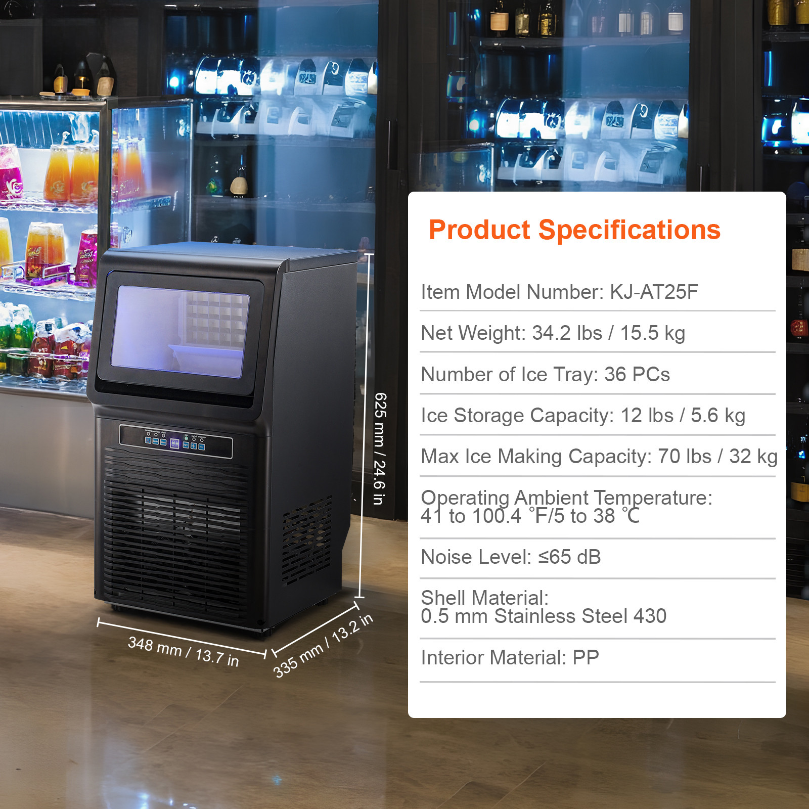 VEVOR 70lbs/24H Commercial Ice Maker Under Counter Freestanding ice Cube Machine
