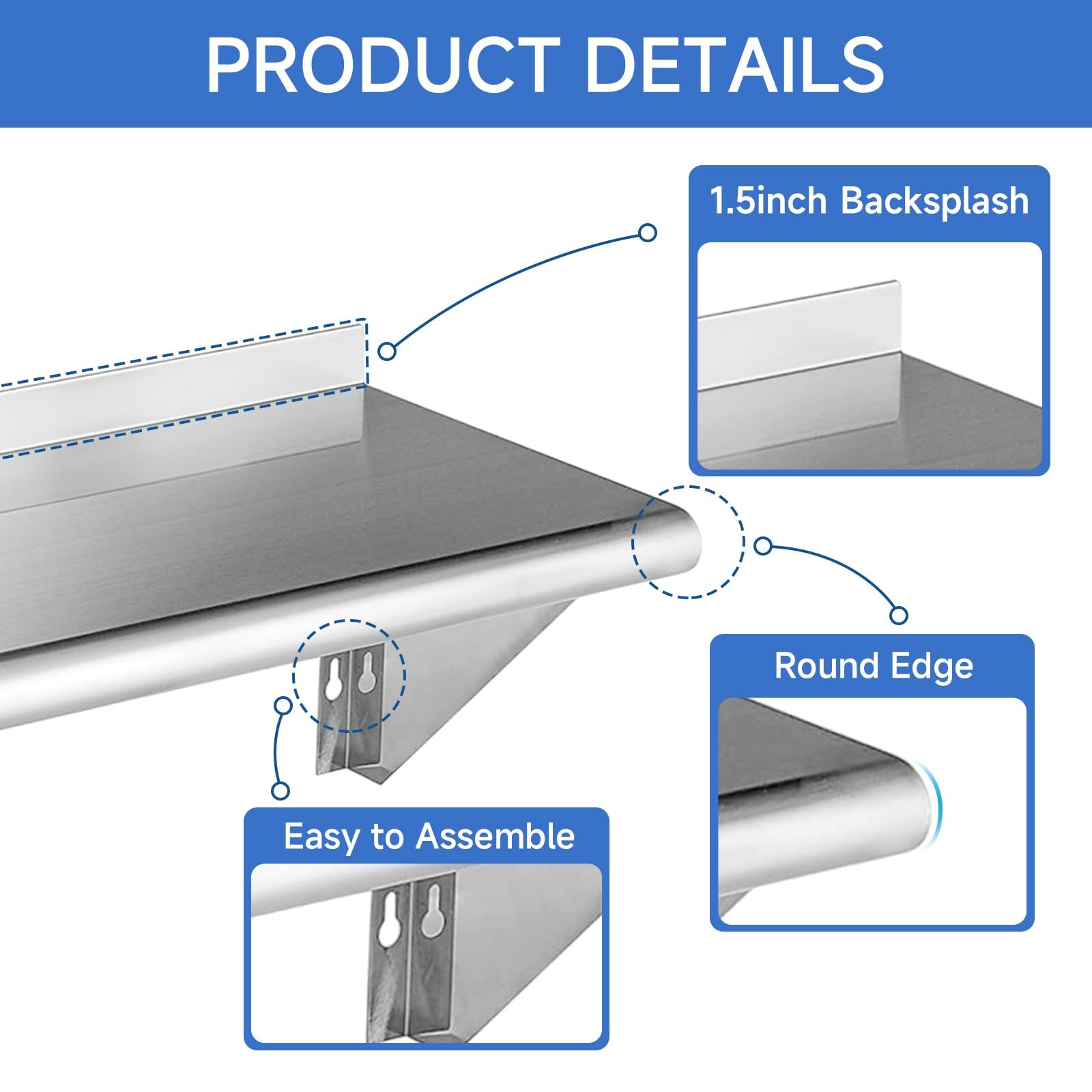 ROCKPOINT Stainless Steel Shelf 10 x 16 Inches, NSF Commercial Wall Mount Floati