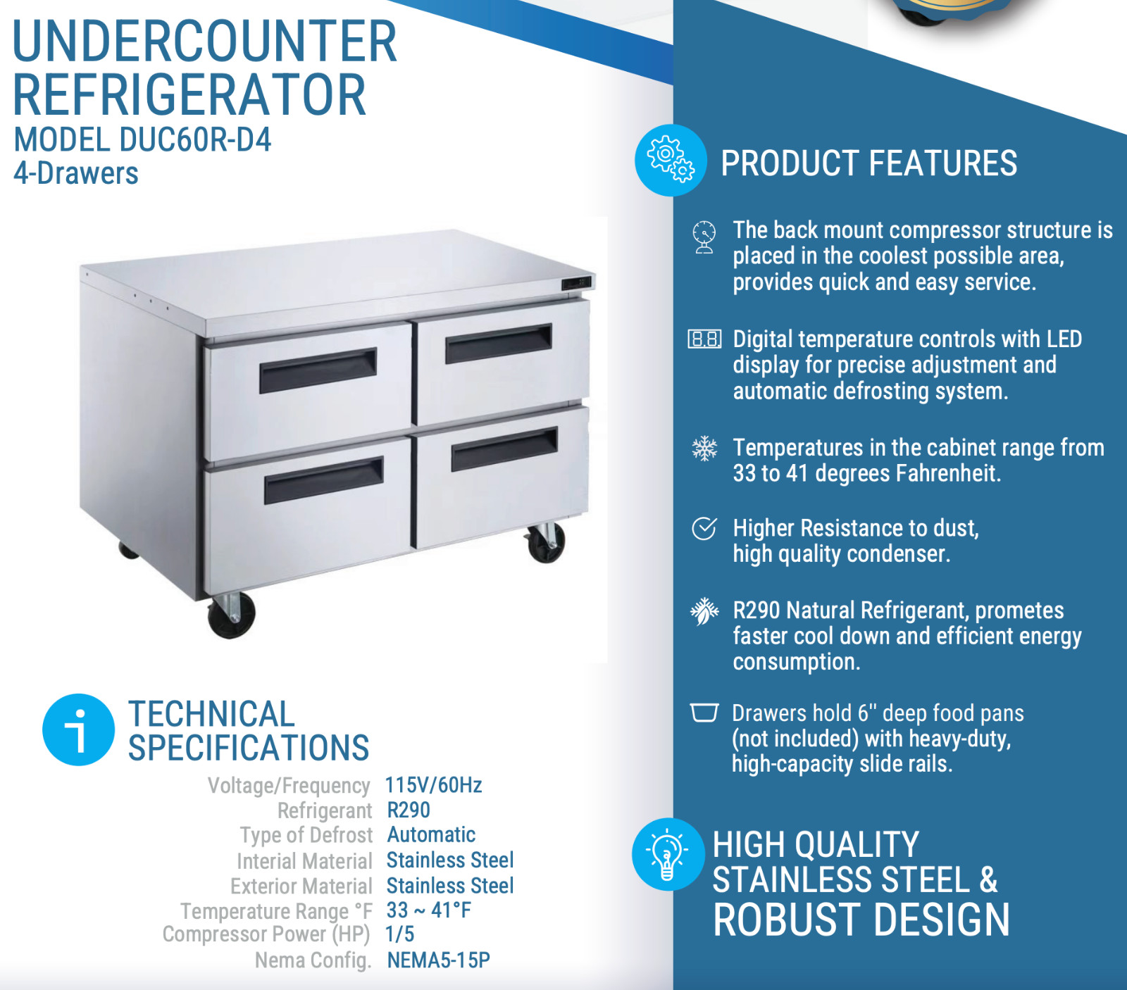 NEW 60″ Refrigerator Undercounter Cooler 4 Drawers 120V Dukers DUC60R-D4 #4016