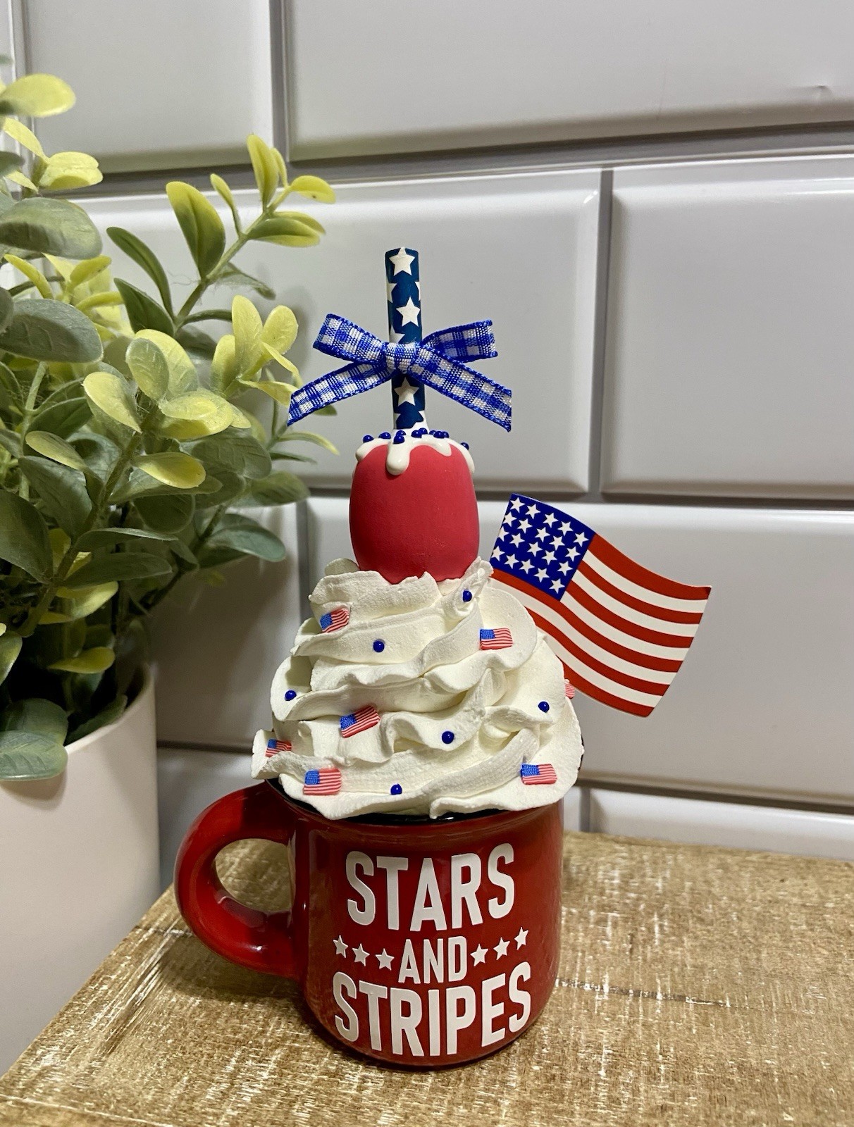 Cute USA Mini Ceramic Mug Faux Fake Whipped Cream Tiered Tray Decor PATRIOTIC